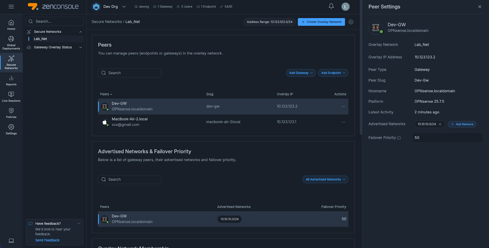 Advertised Networks & Failover Priority configuration UI in Zenconsole
