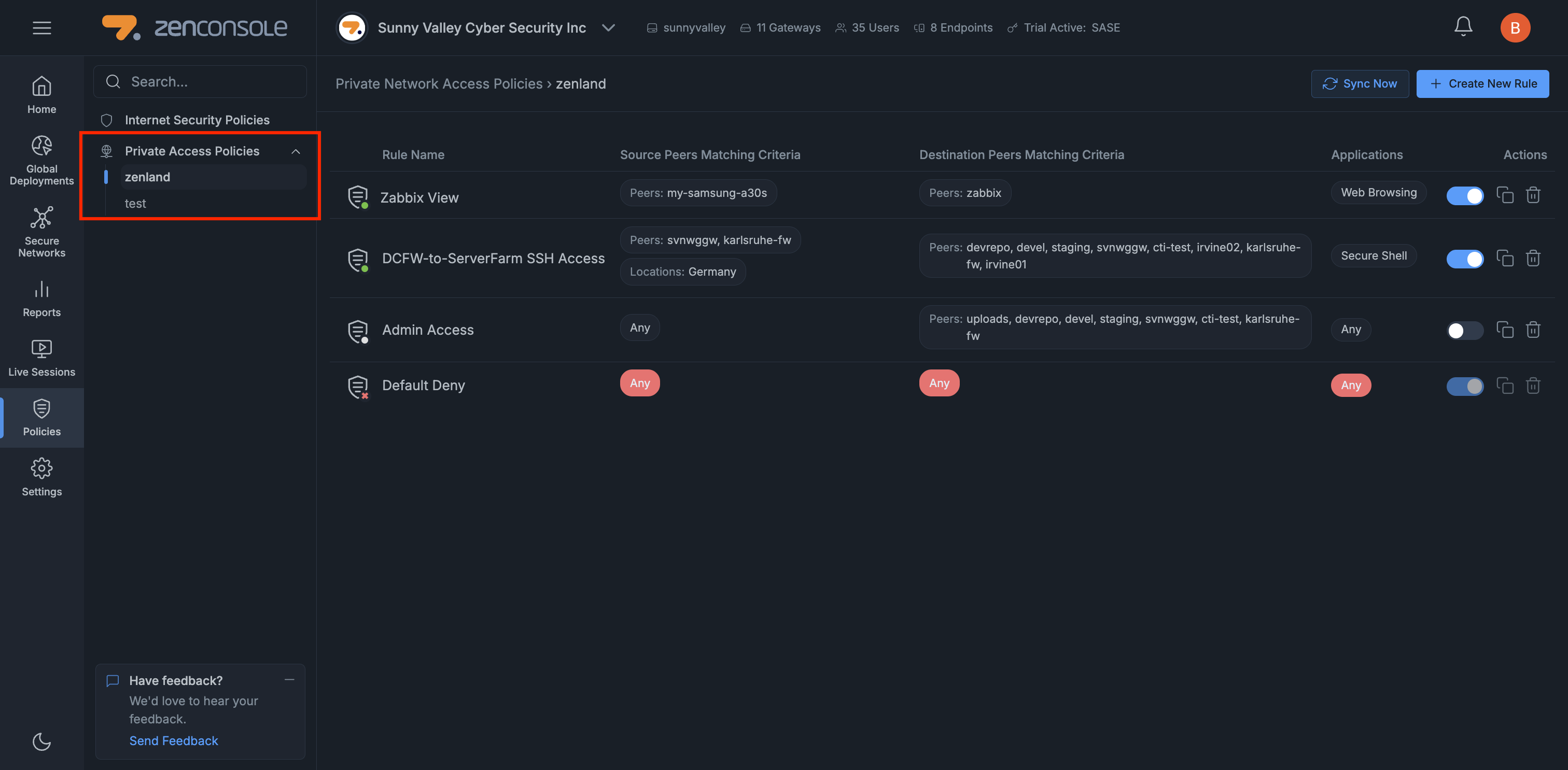 Private Network Policies Page