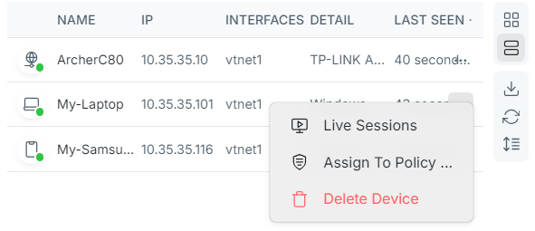 Users access the Connections Live Sessions report for a selected device via the Devices page on Zenarmor