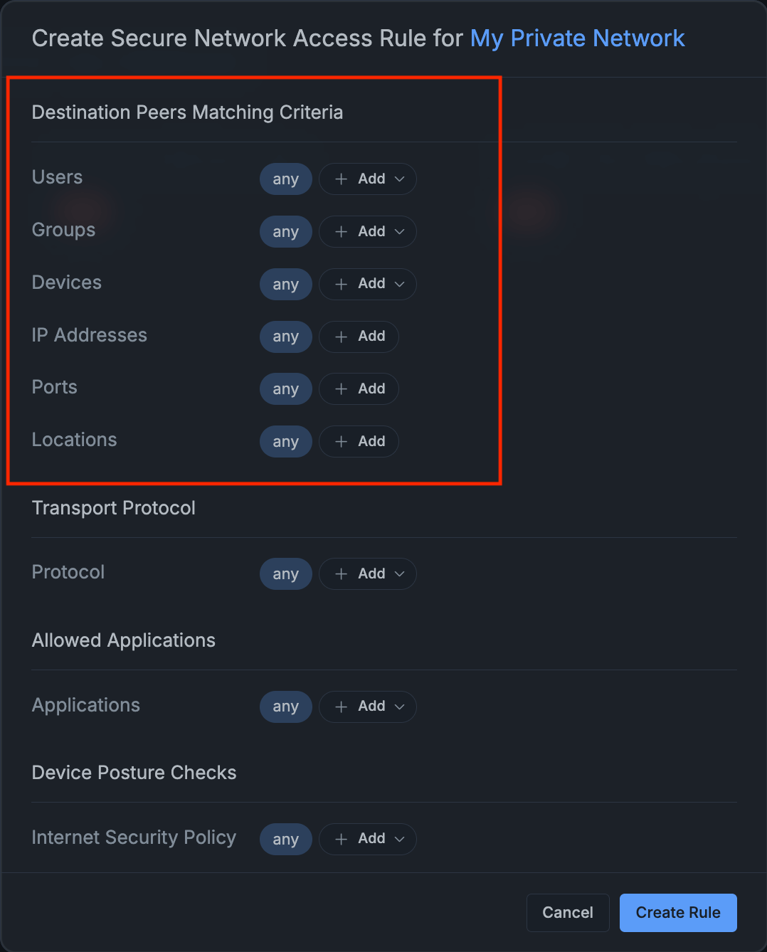 Add Criteria for the Destination Network Access Rule