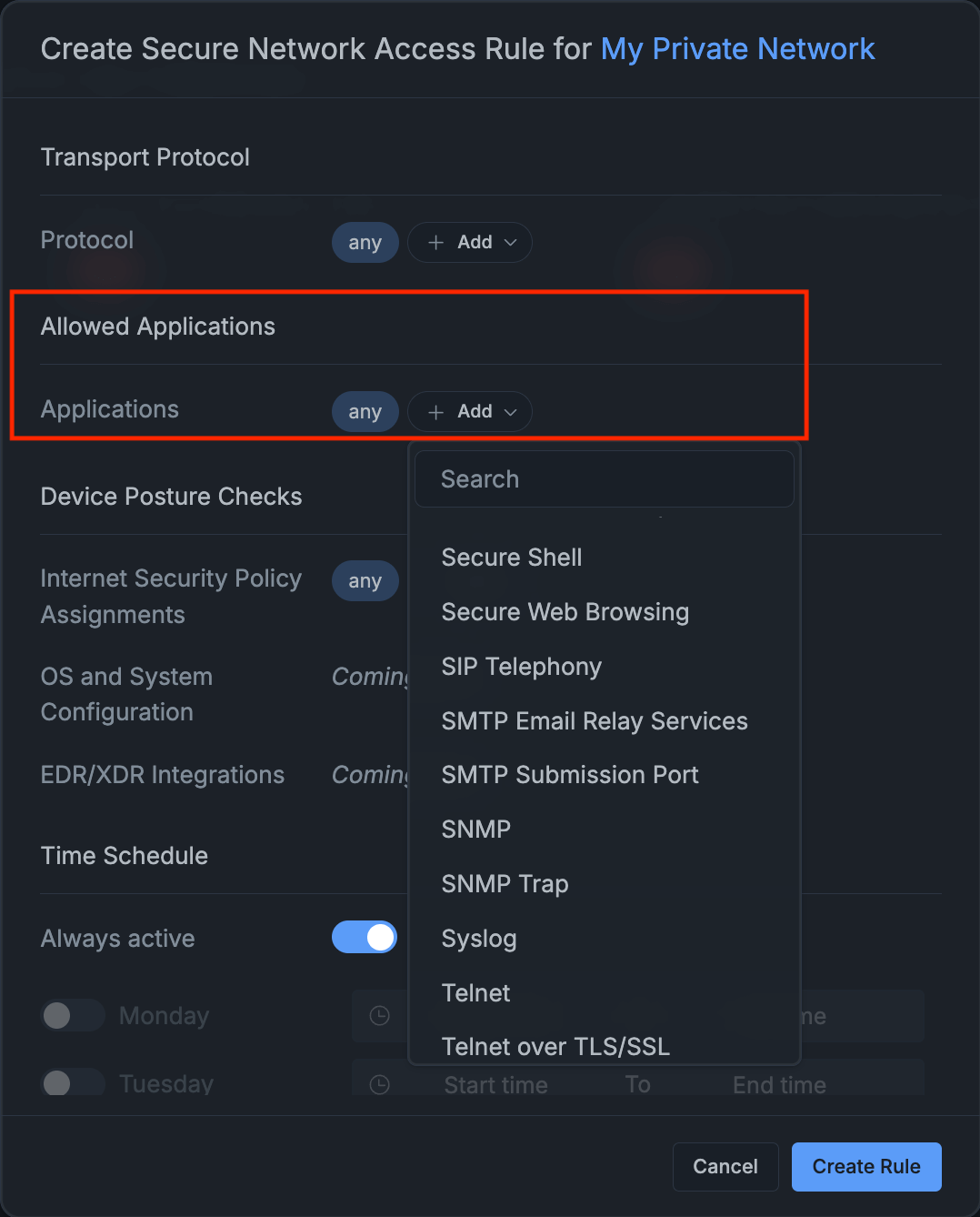 Add Apps to Network Access Rule