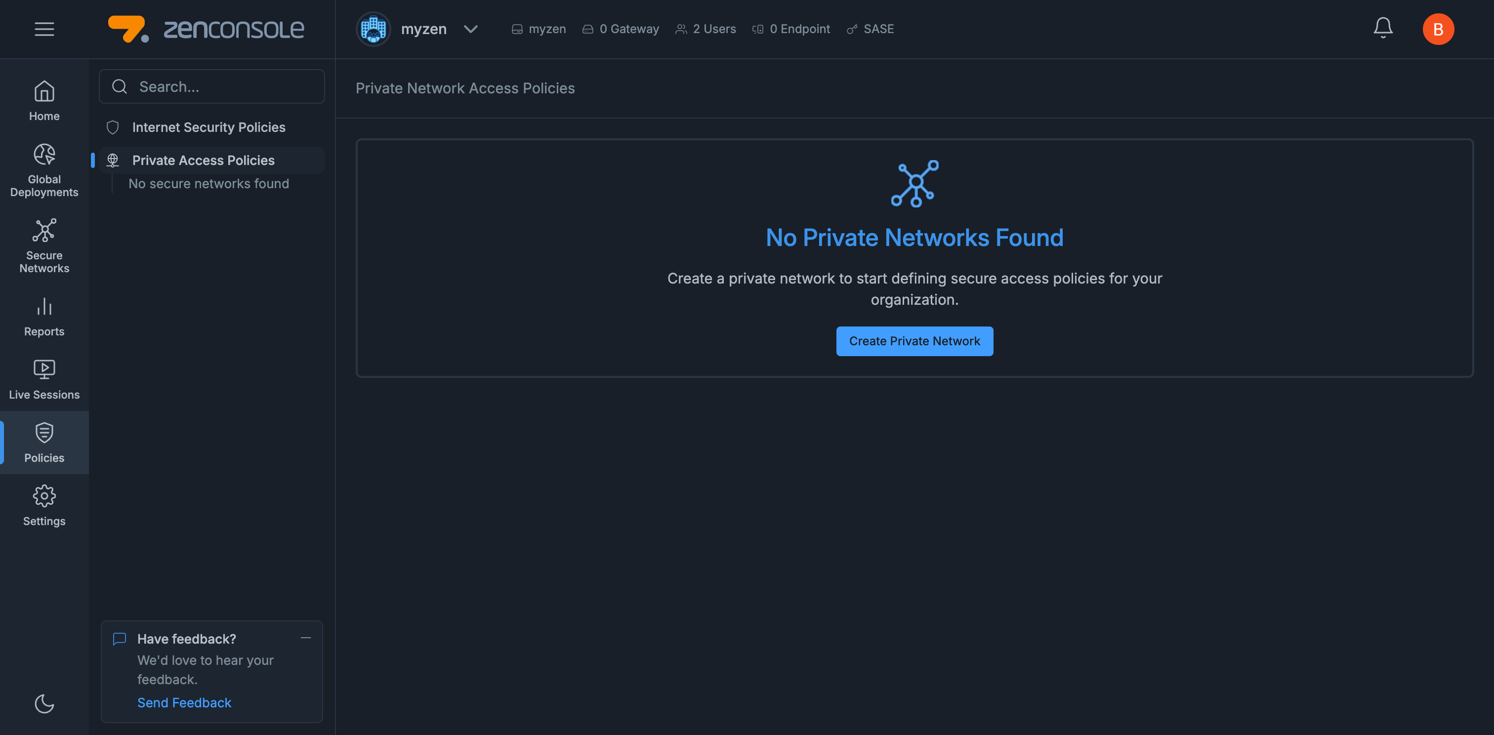 Private Network Policies Page - No Private Networks Found