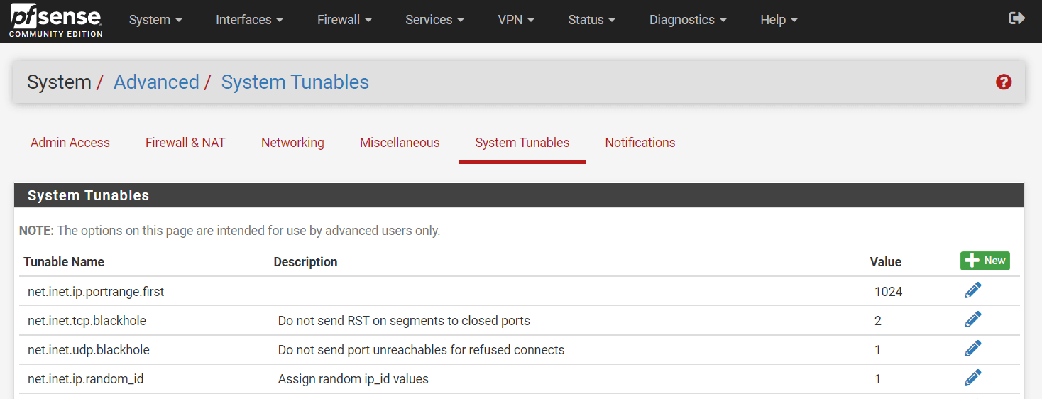 Tunable System Settings on  pfSense software