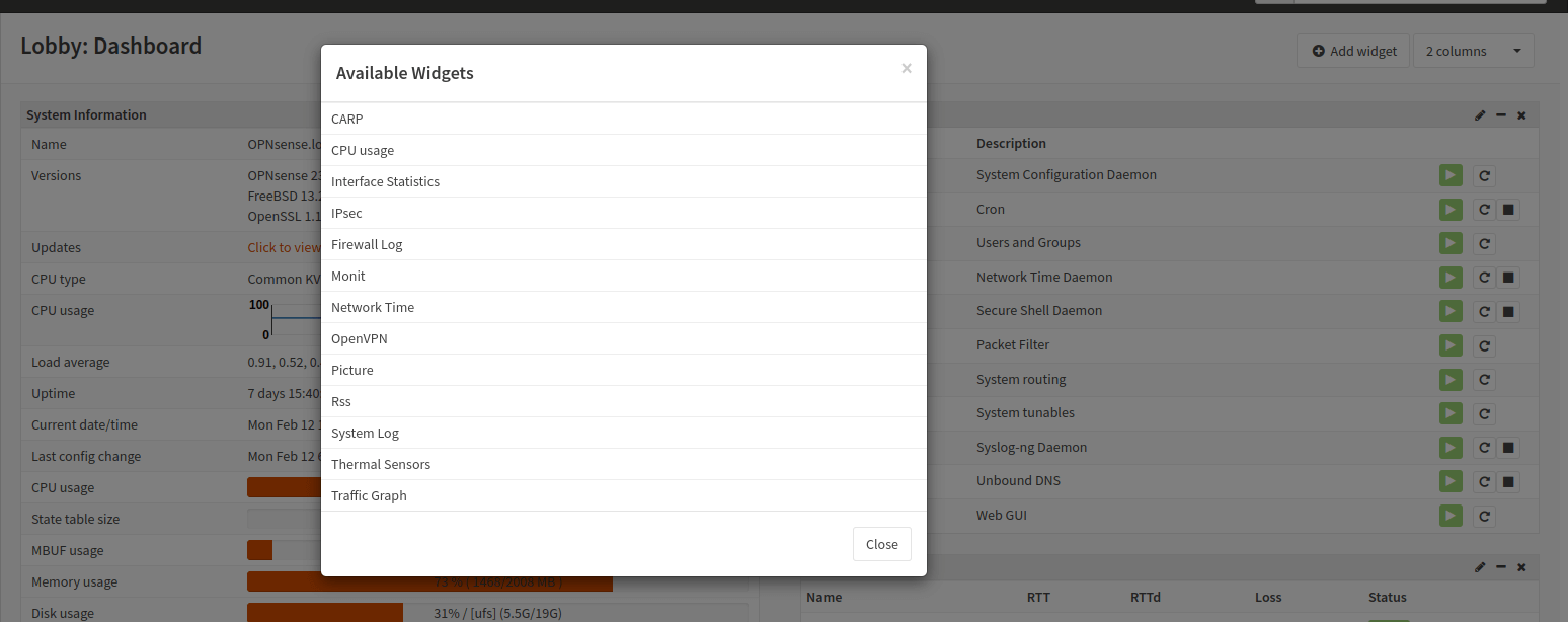 OPNsense dashboard widgets