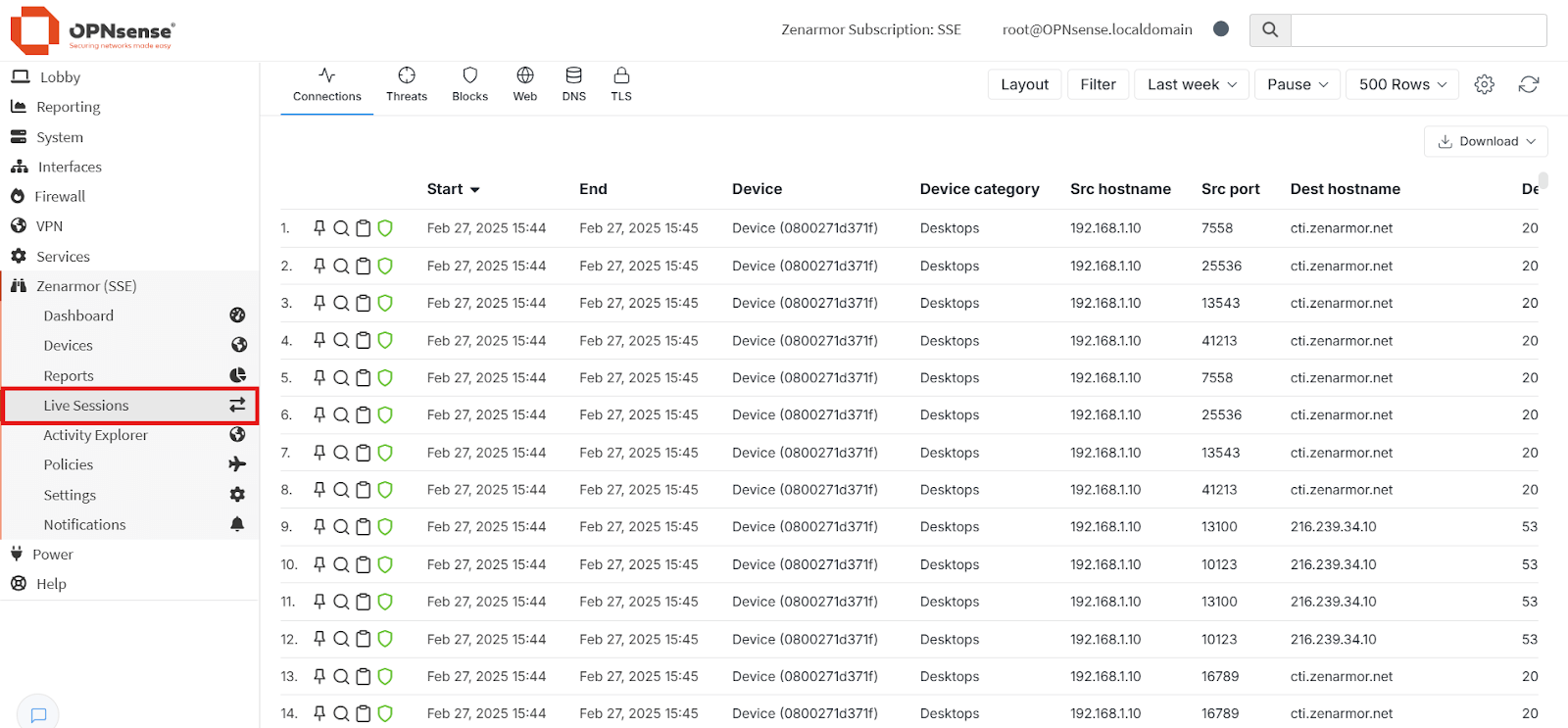 Accesing Live Sessions Page on OPNsense