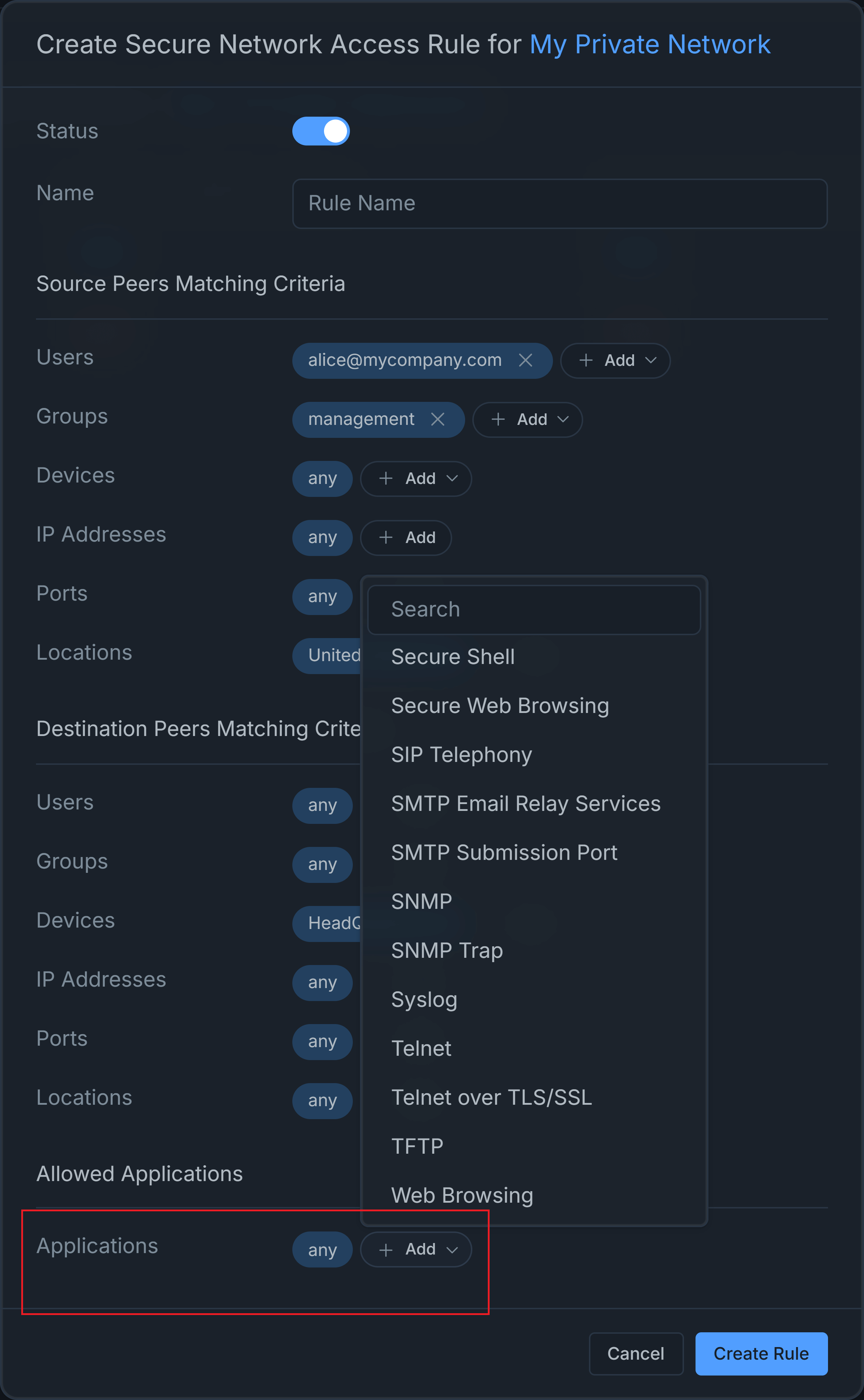 Add Apps to Network Access Rule