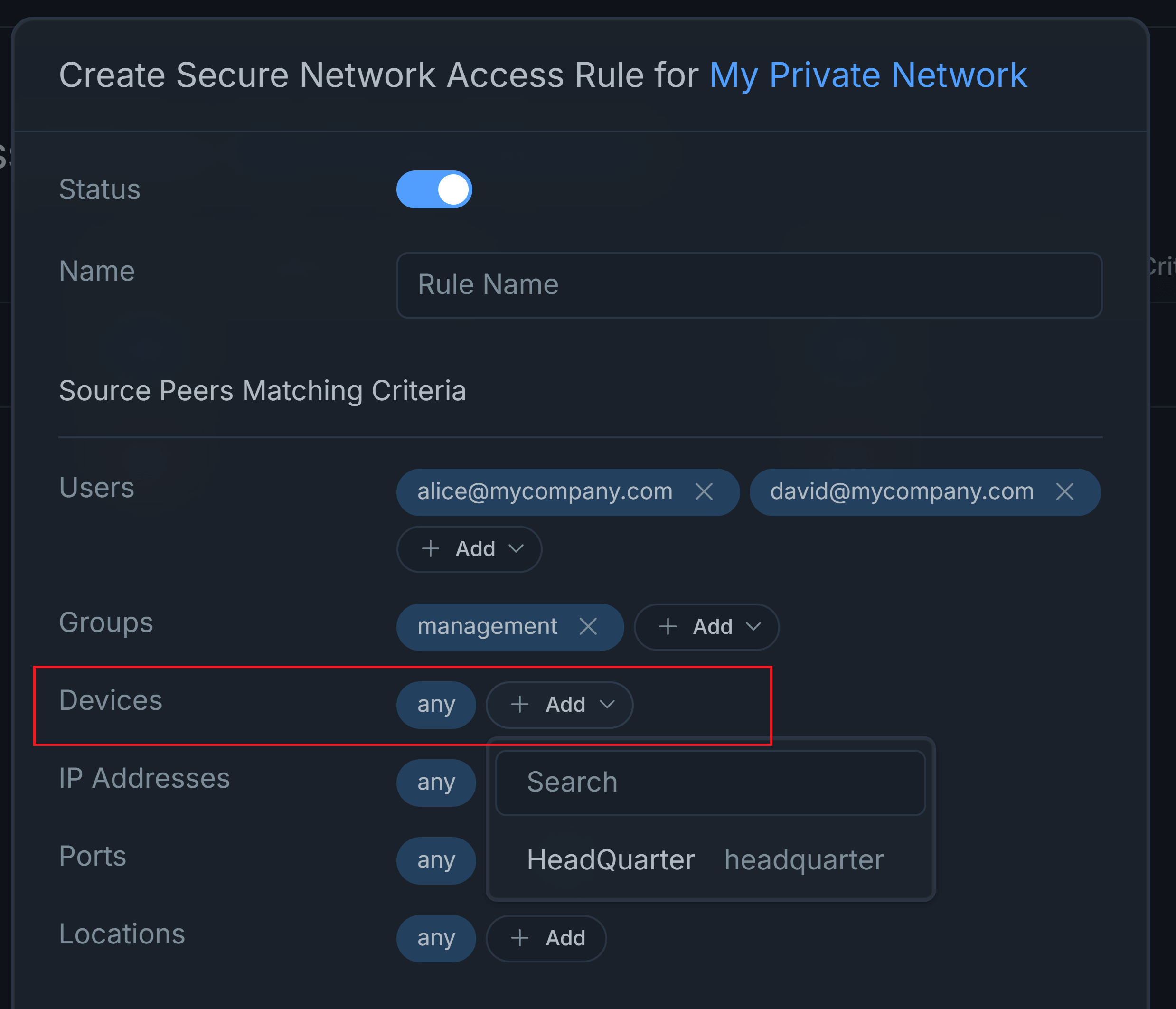 Add Devices to Network Access Rule