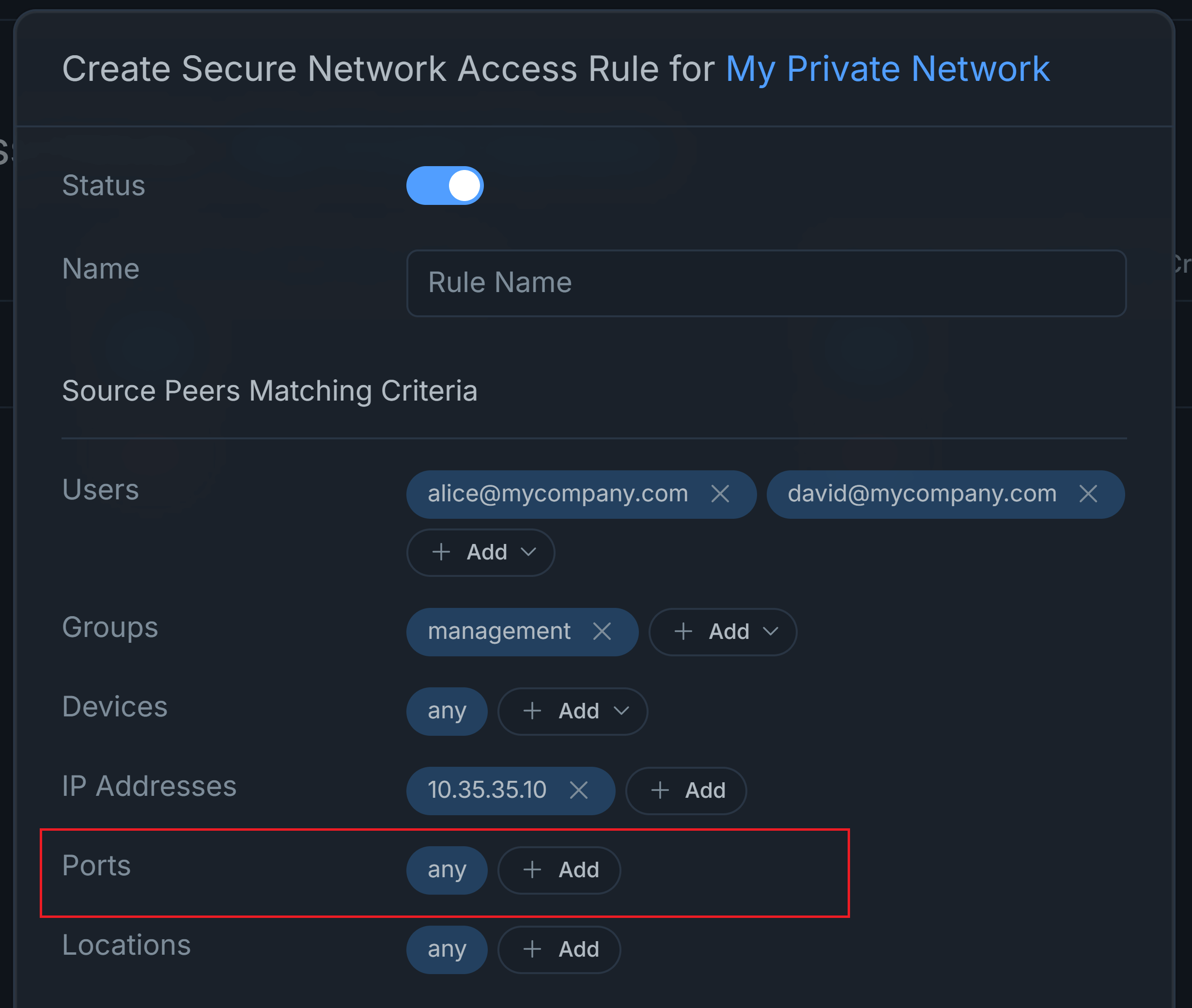 Add Ports to Network Access Rule