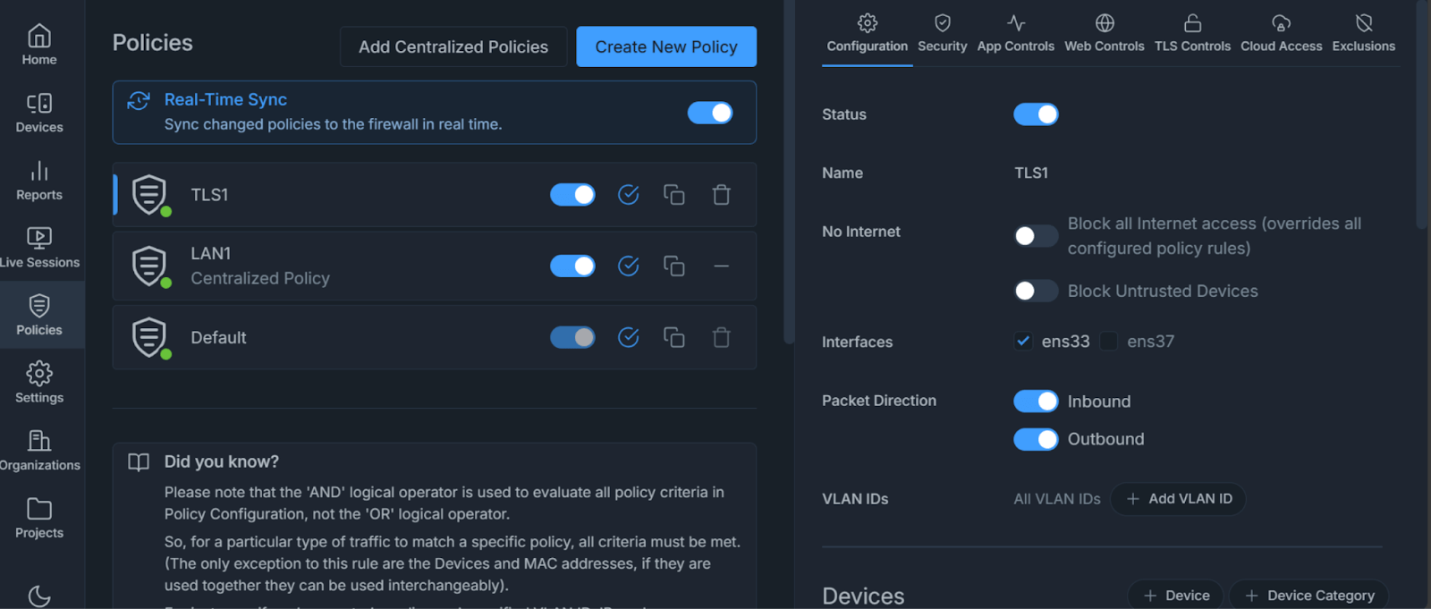 This pane illustrates the process of configuring a dedicated TLS Inspection policy in Zenarmor by selecting network interfaces, enabling inbound and outbound traffic inspection, and ensuring real-time policy synchronization