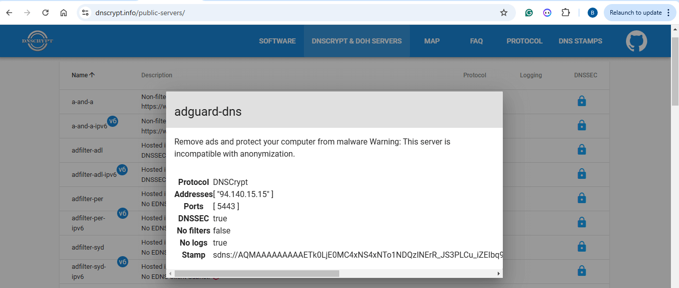 Viewing adguard-dns Stamp