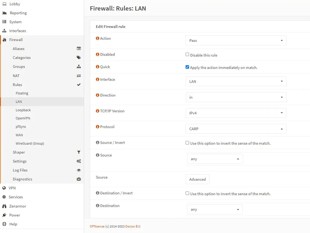 Firewall rule to allow CARP on LAN interface of master