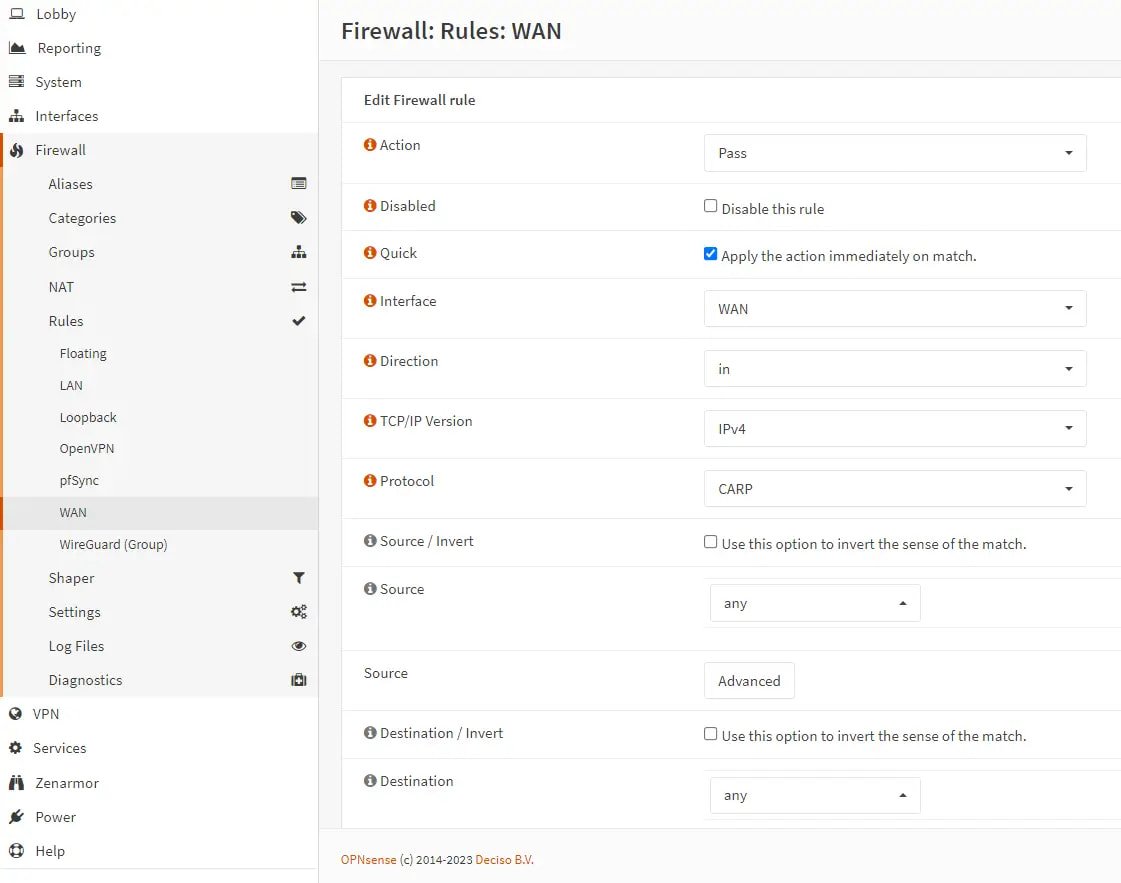 Firewall rule to allow CARP on WAN interface of master