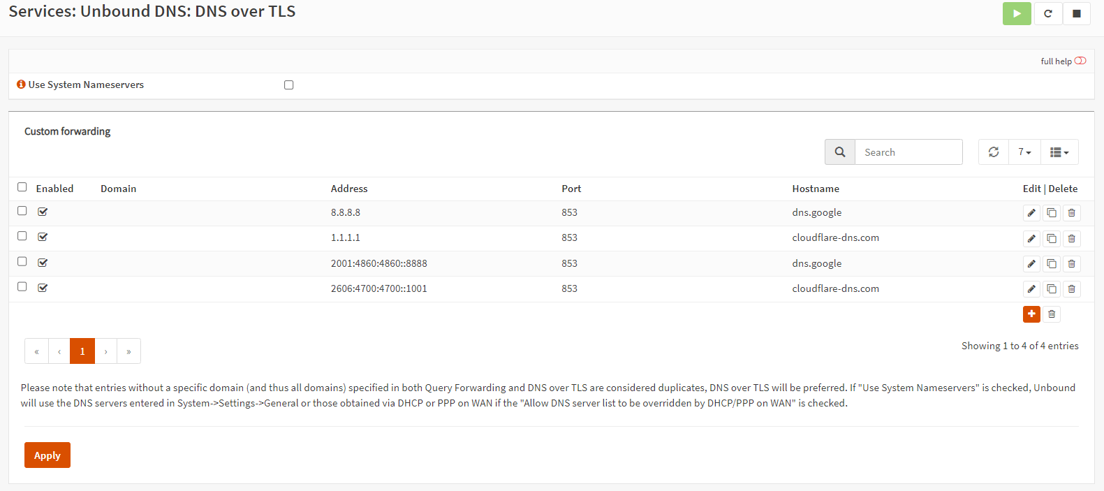 DNS over TLS servers list on OPNsense
