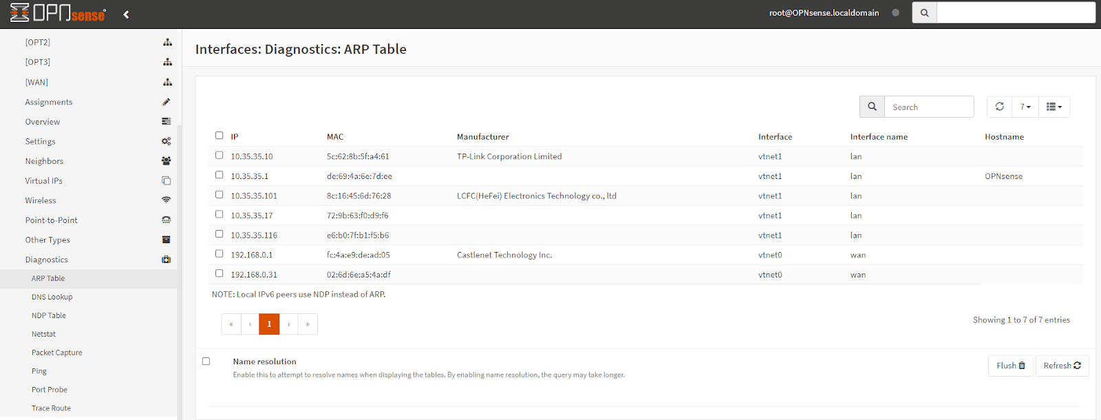 OPNsense Interface Diagnostic via ARP Table