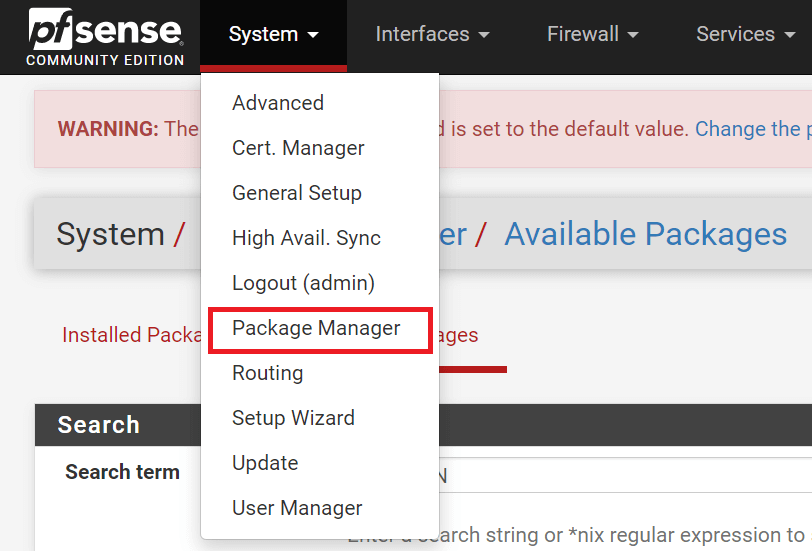 Navigating to Package Manager under System menu on pfSense
