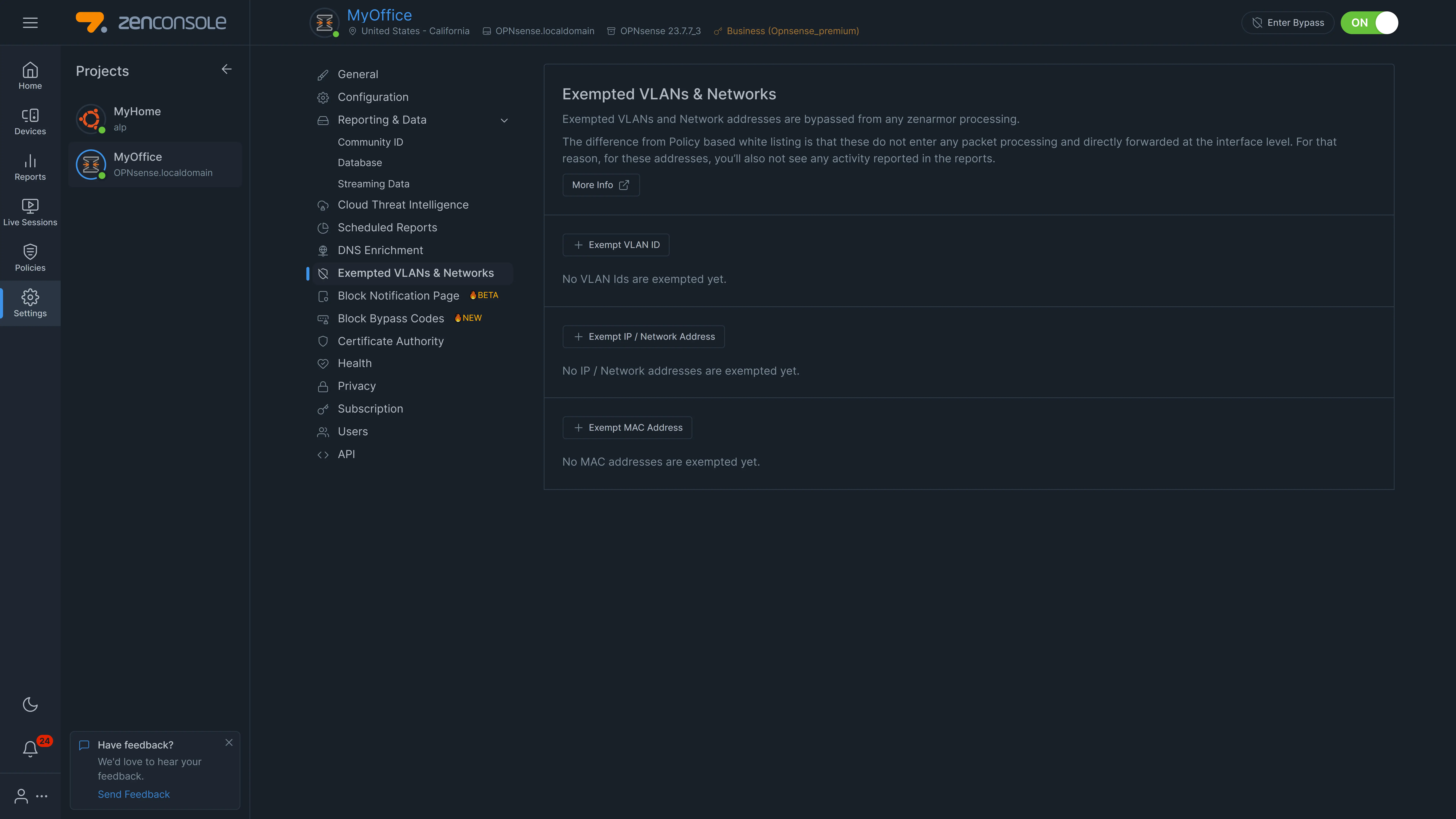 Zenconsole - Configuring Exempted VLANs &amp; Networks
