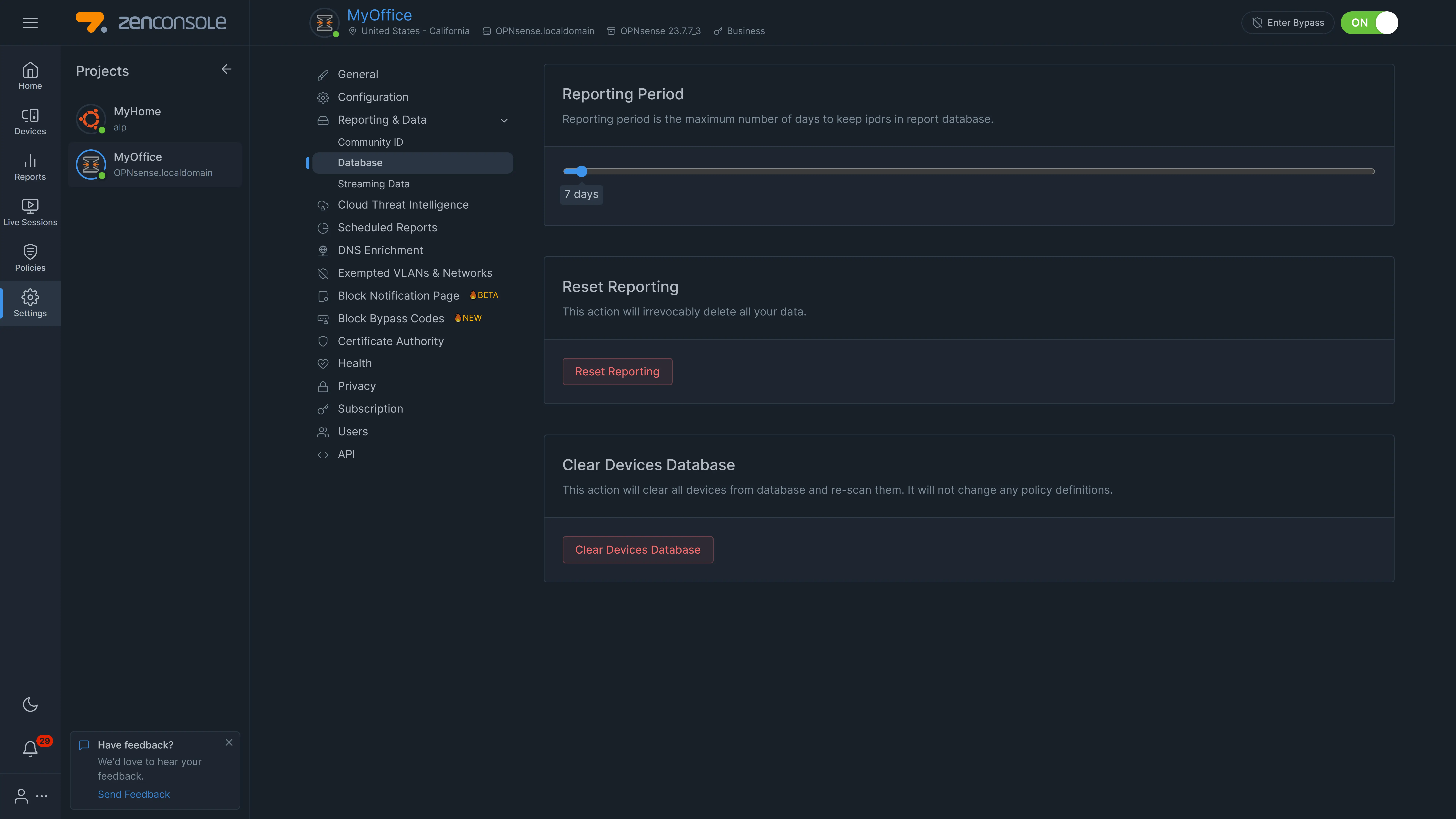 Zenconsole - Setting maximum number of days to store reporting data