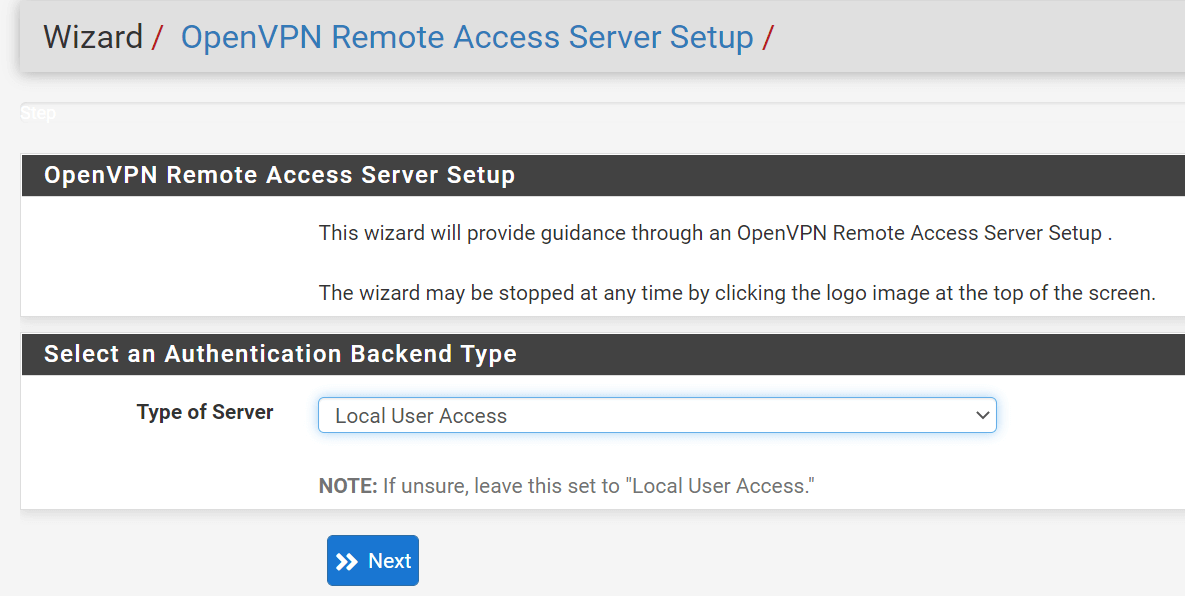 Selecting Local User Access for Authentication Backend Type