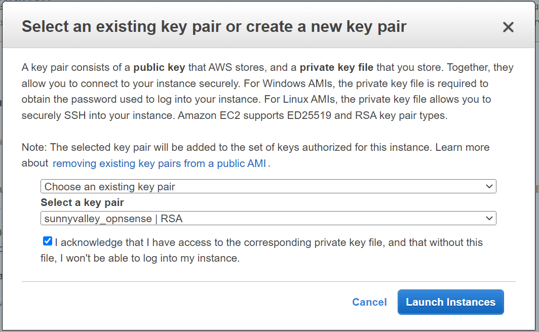 Select an existing key pair or create a new key pair