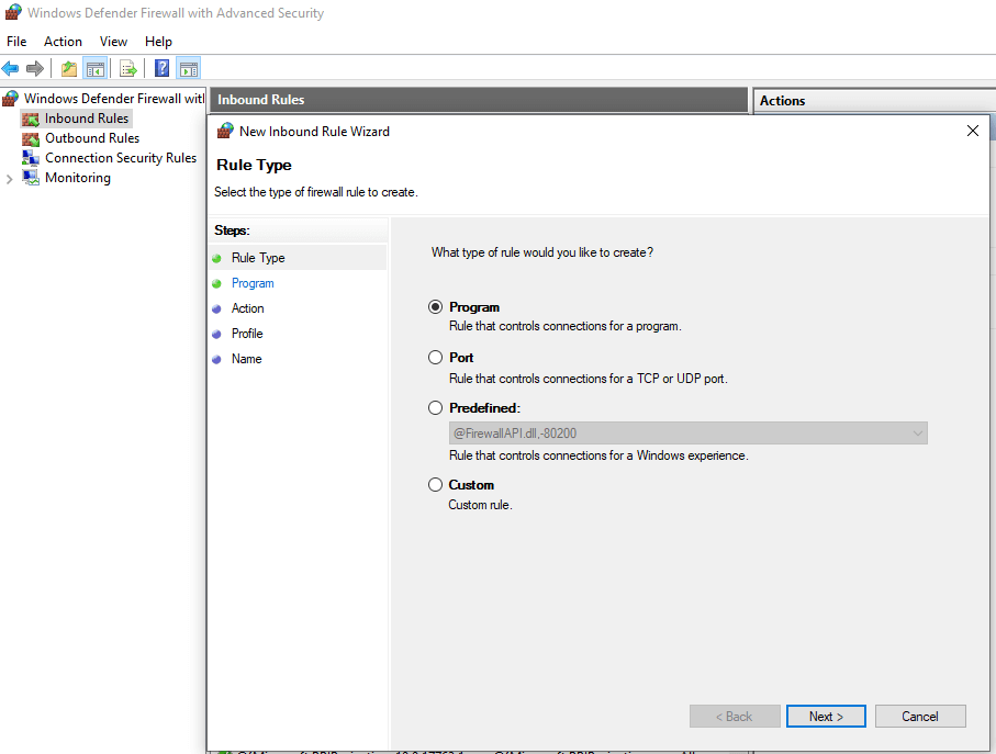 Adding Inbound Firewall Rule on Windows 10