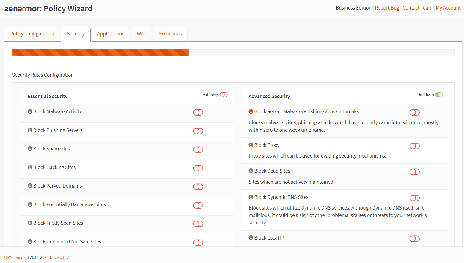 Policy Wizard Security Configuration