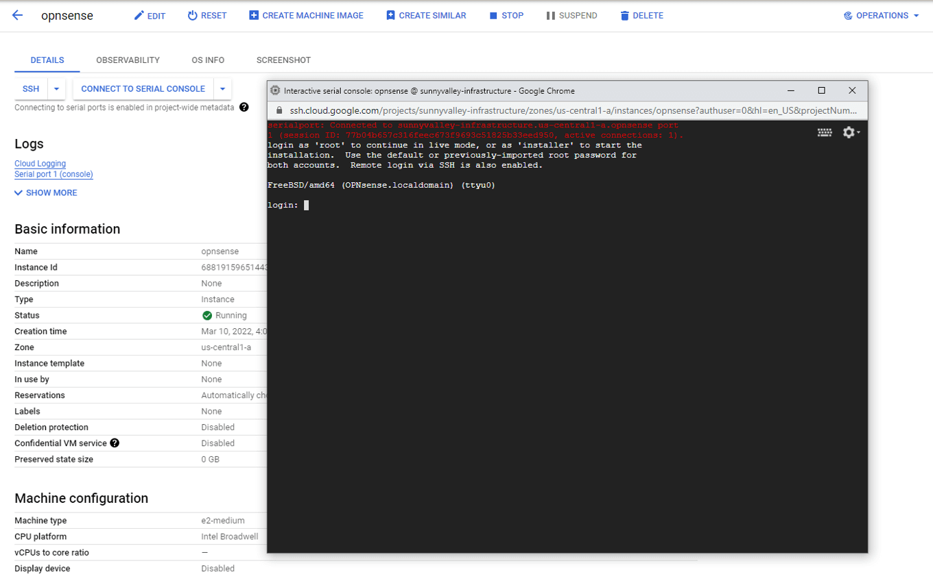 Installer login to OPNsense instance via serial port on Google Cloud
