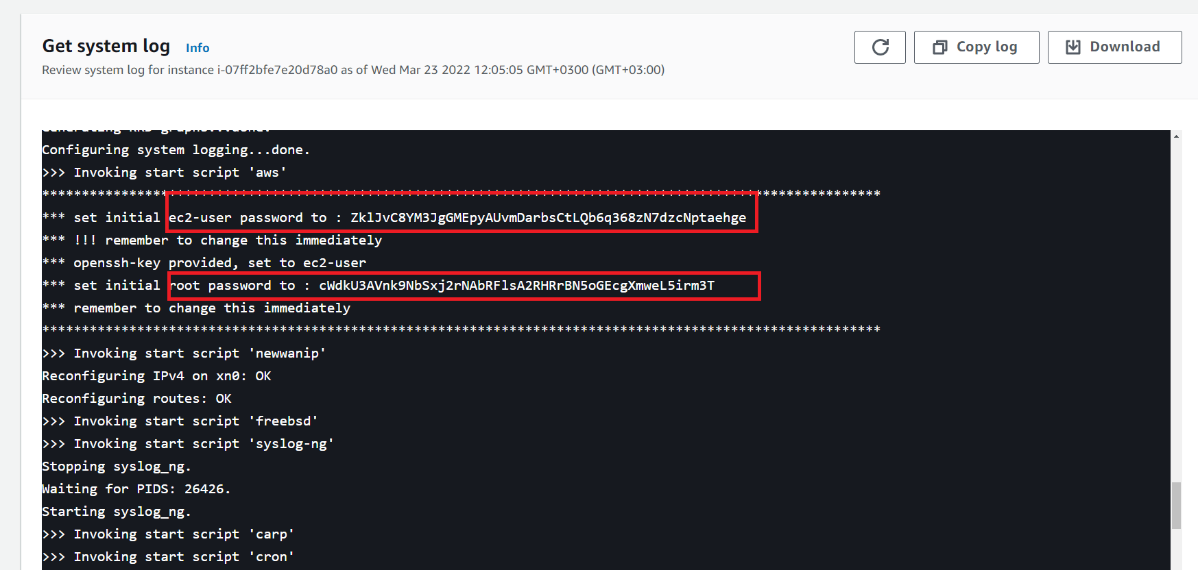 Viewing System Log to obtain initial OPNsense instance passwords on AWS