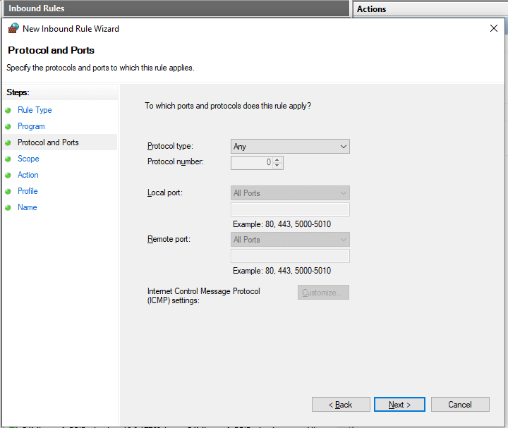 Defining Protocol and Ports for Inbound Firewall Rule on Windows 10