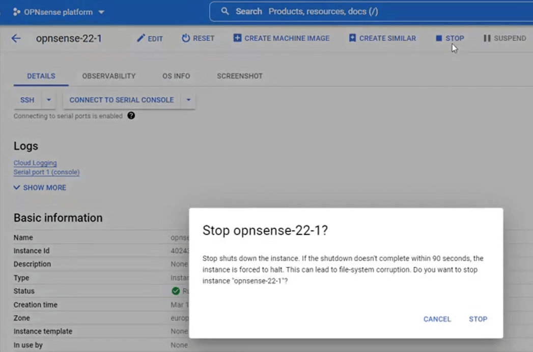 Stopping OPNsense Instance