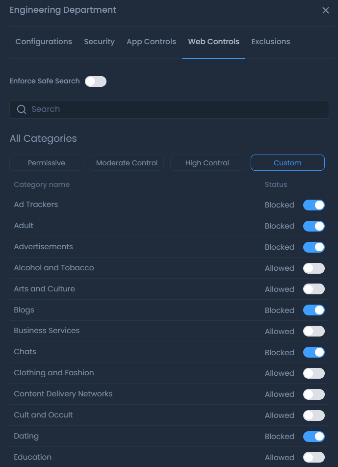 Configuring Web Control rules of a policy