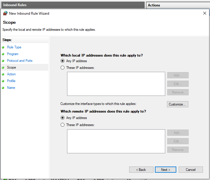 Defining Scope(Local/Remote IPs) for Inbound Firewall Rule on Windows 10