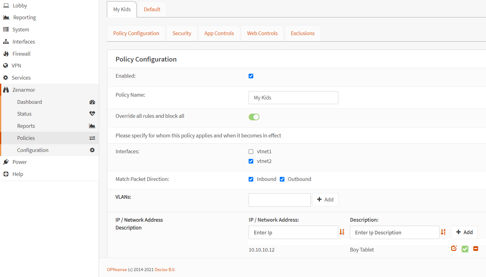 Defining a policy for a specific IP address on Zenarmor