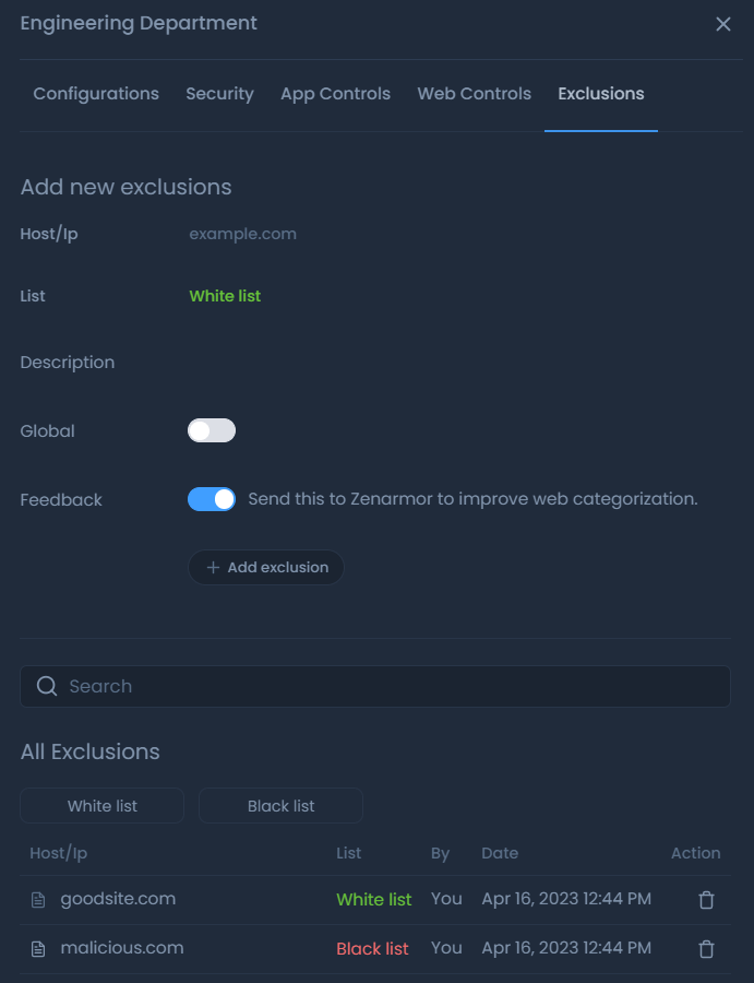 Configuring Exclusion rules of a policy