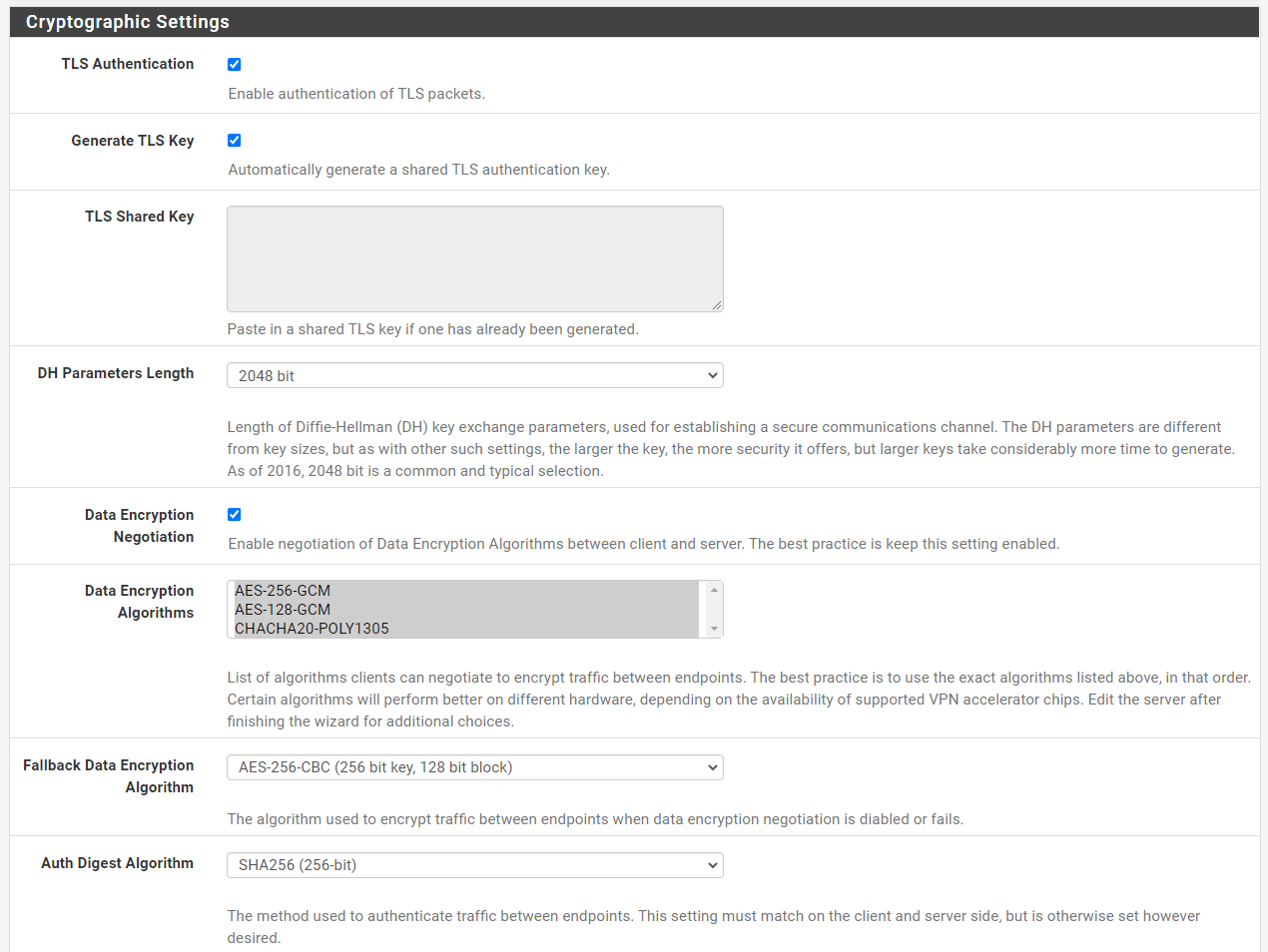 Cryptographic settings
