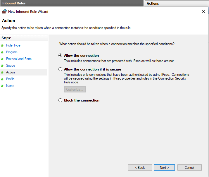 Defining Action for Inbound Firewall Rule on Windows 10