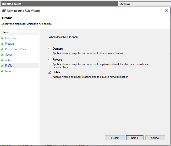 Defining Profile for Inbound Firewall Rule on Windows 10