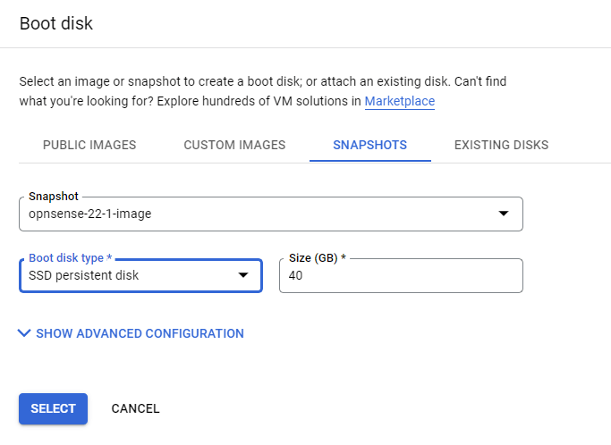 Selecting OPNsense installed snapshot as a boot disk on Google Cloud