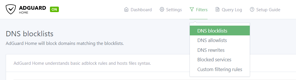AdGuard Home Filters menu