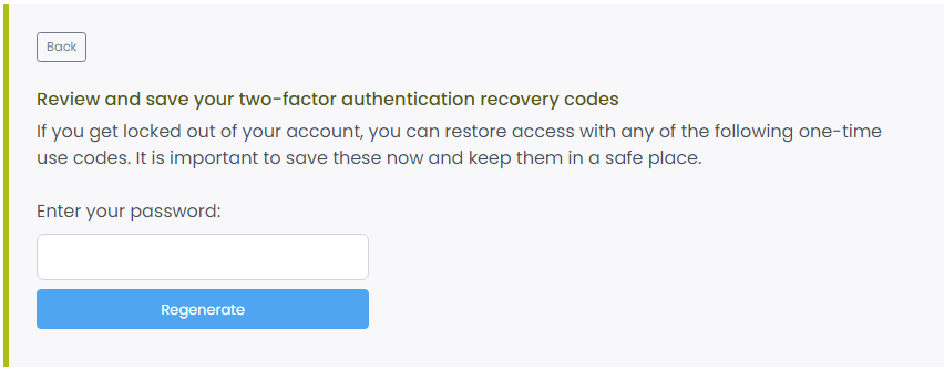 Confirming the regeneration of the recovery codes