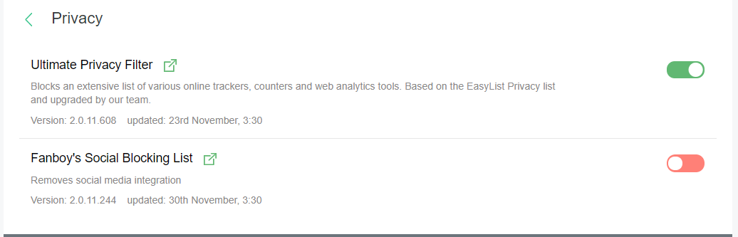 AdBlocker Ultimate Filters Under Privacy Filter Types