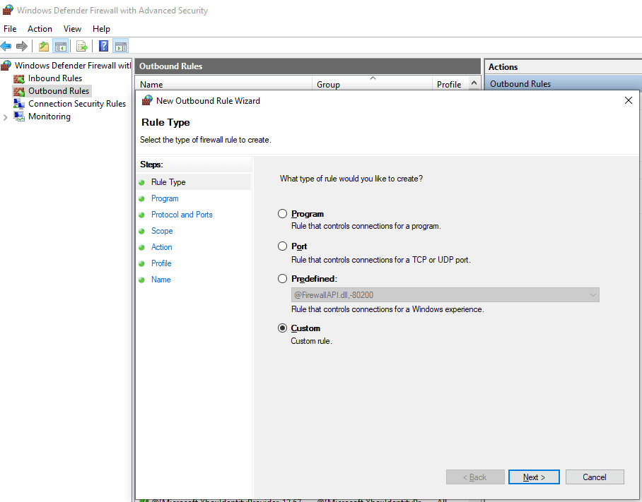 Defining Outbound Firewall Rule on Windows 10