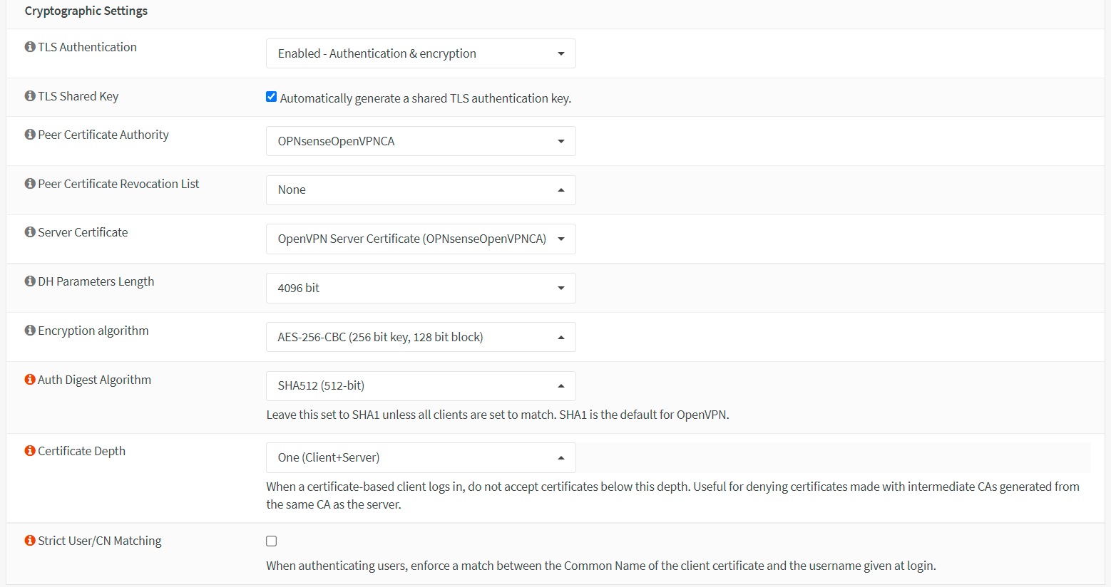 Cryptographic Settings for a OpenVPN server with 2FA in OPNsense