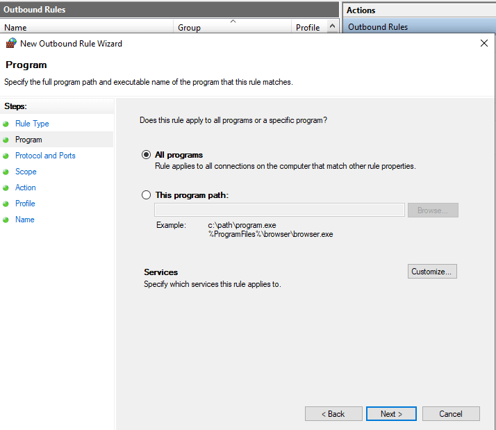 Defining Programs for Outbound Firewall Rule on Windows 10