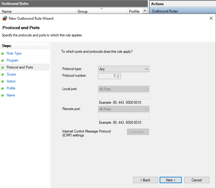 Defining Protocol and Ports for Outbound Firewall Rule on Windows 10