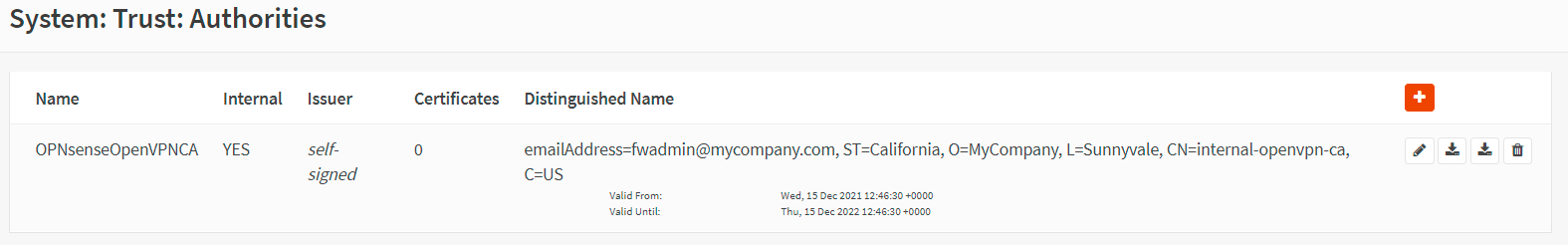 Created Certificate Authorities on OPNsense
