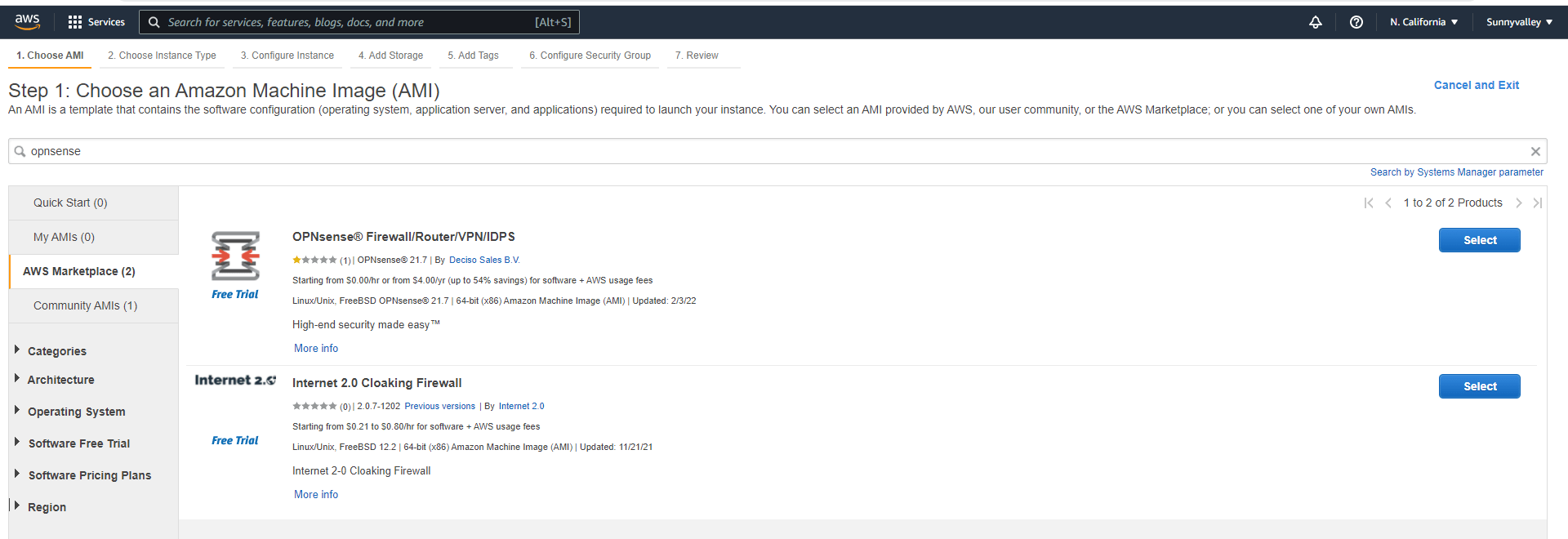Selecting OPNsense AMI