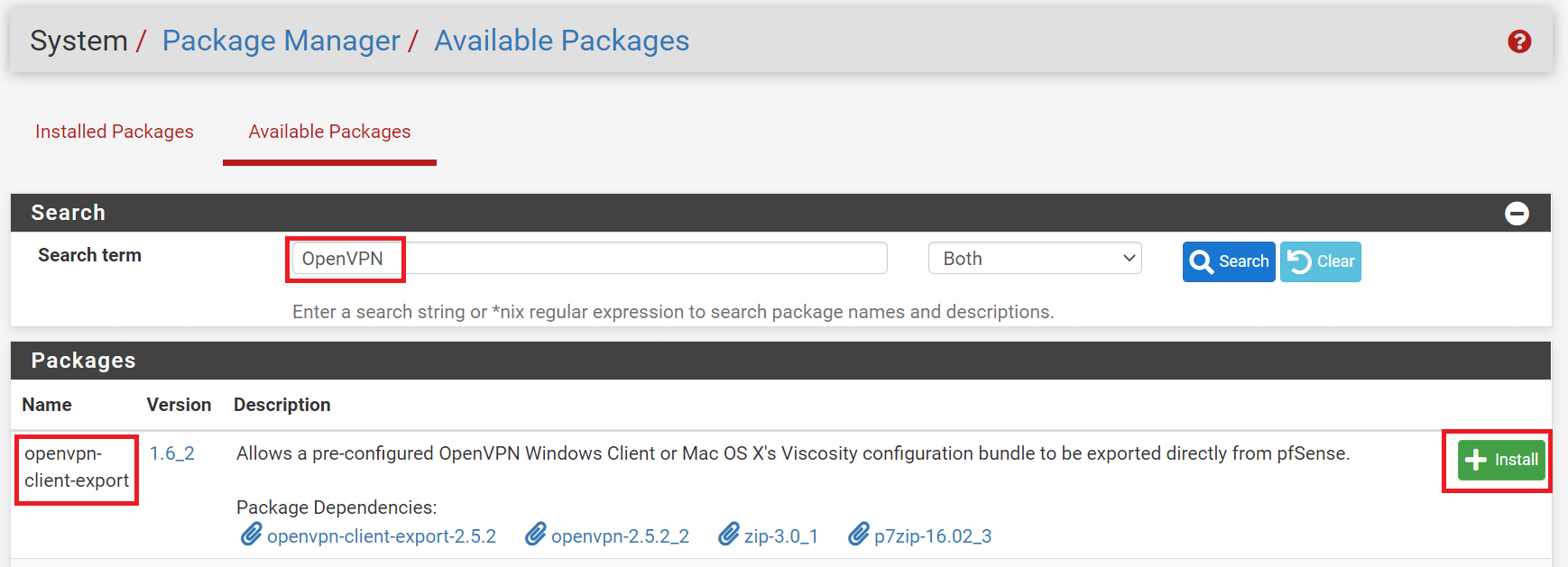 Installing openvpn-client-export package on pfSense