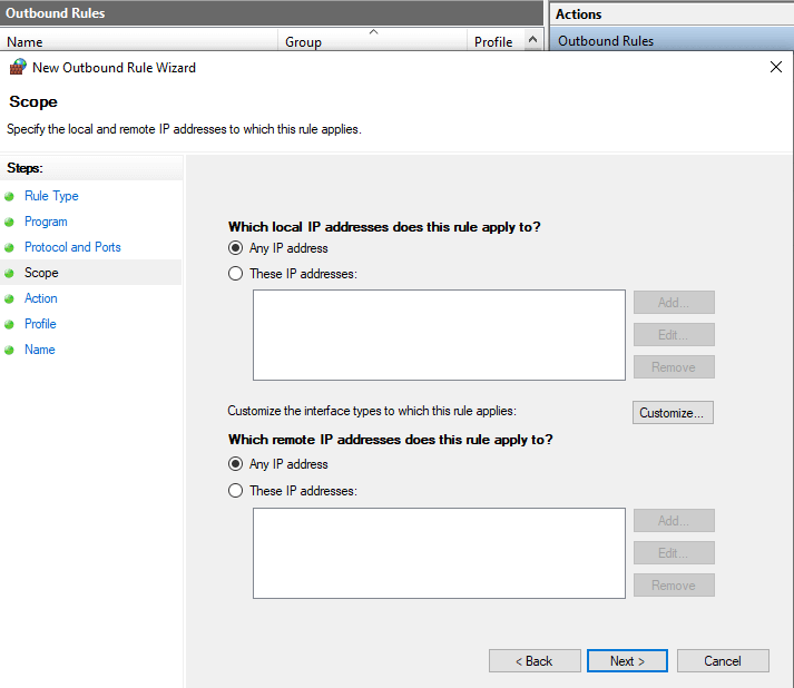 Defining Scope(Local/Remote IPs) for Outbound Firewall Rule on Windows 10