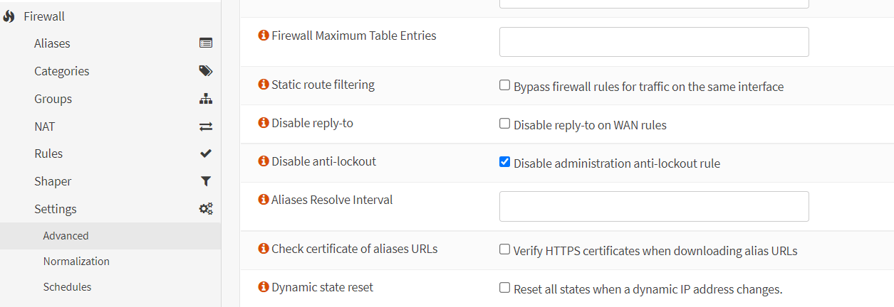 Disabling administrator anti-lockout rule on OPNsense