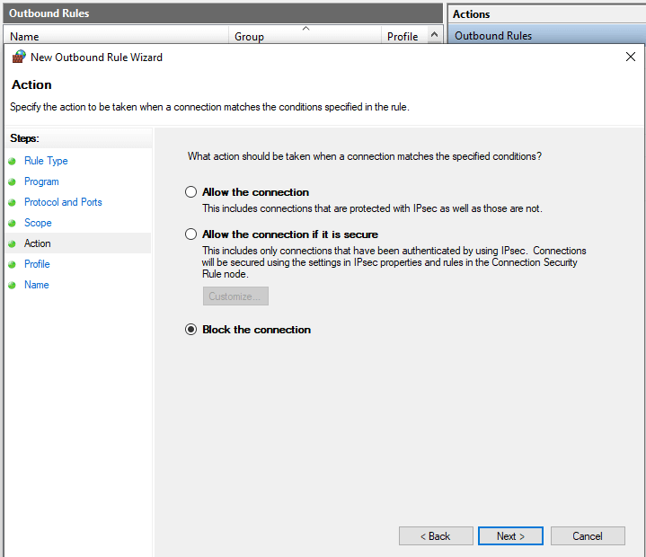 Defining Action for Outbound Firewall Rule on Windows 10